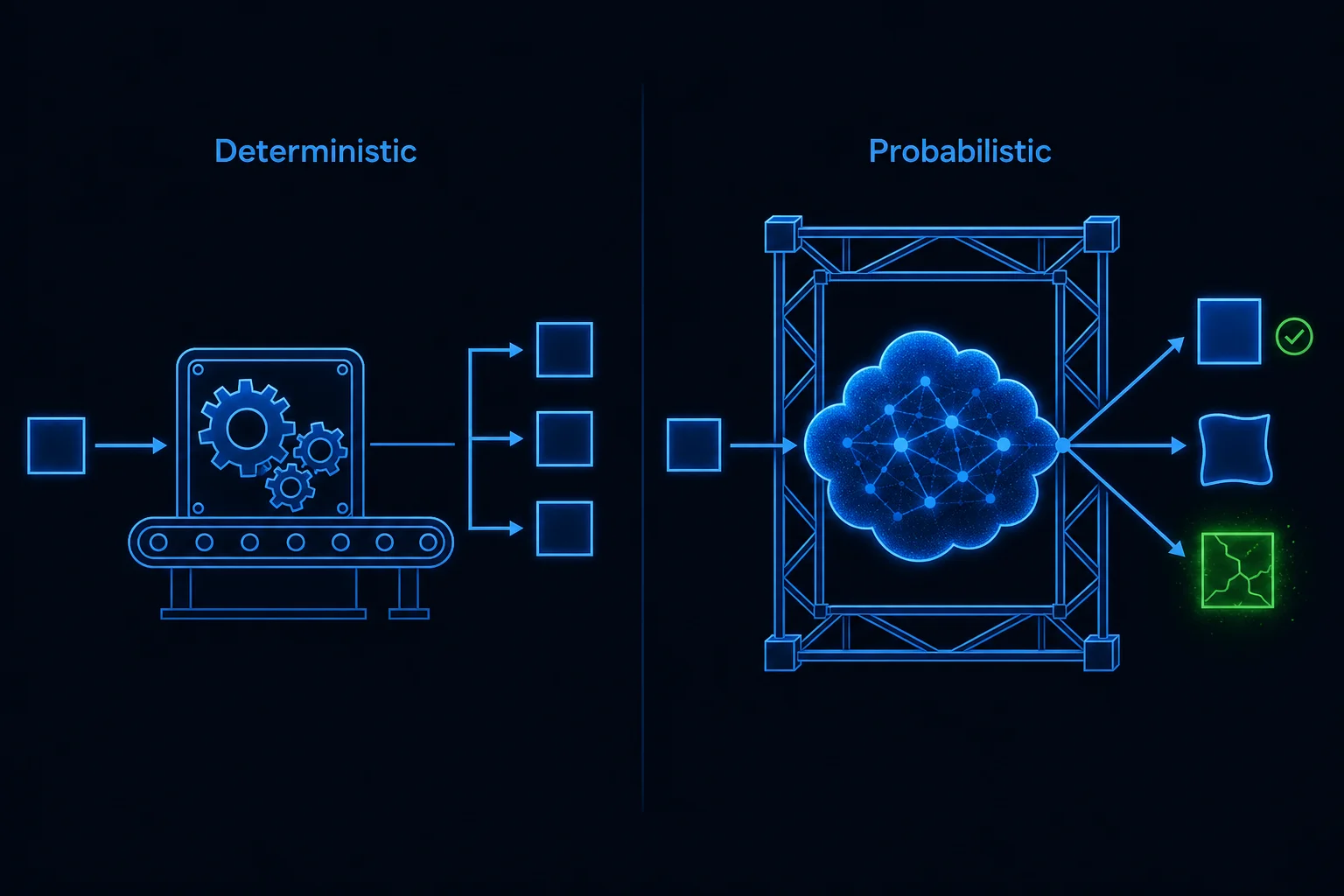 Side-by-side panels contrasting a deterministic machine that always gives one output with a probabilistic model whose one input fans out into several different outputs.