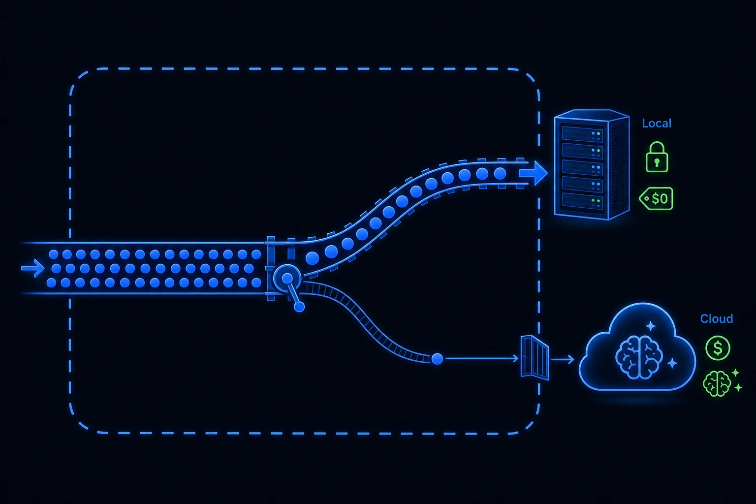 A routing switch inside a secure perimeter sends most AI tasks to a local server and only a thin arrow out to an expensive cloud model.