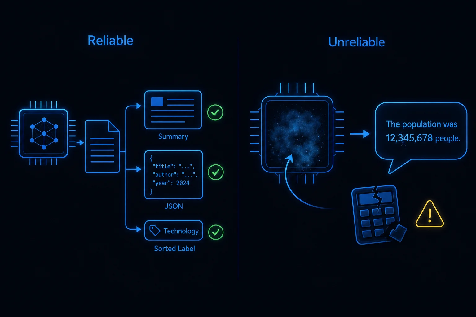 Two panels contrasting a model reliably reshaping a document placed in front of it with a model unreliably recalling facts from a hazy memory.