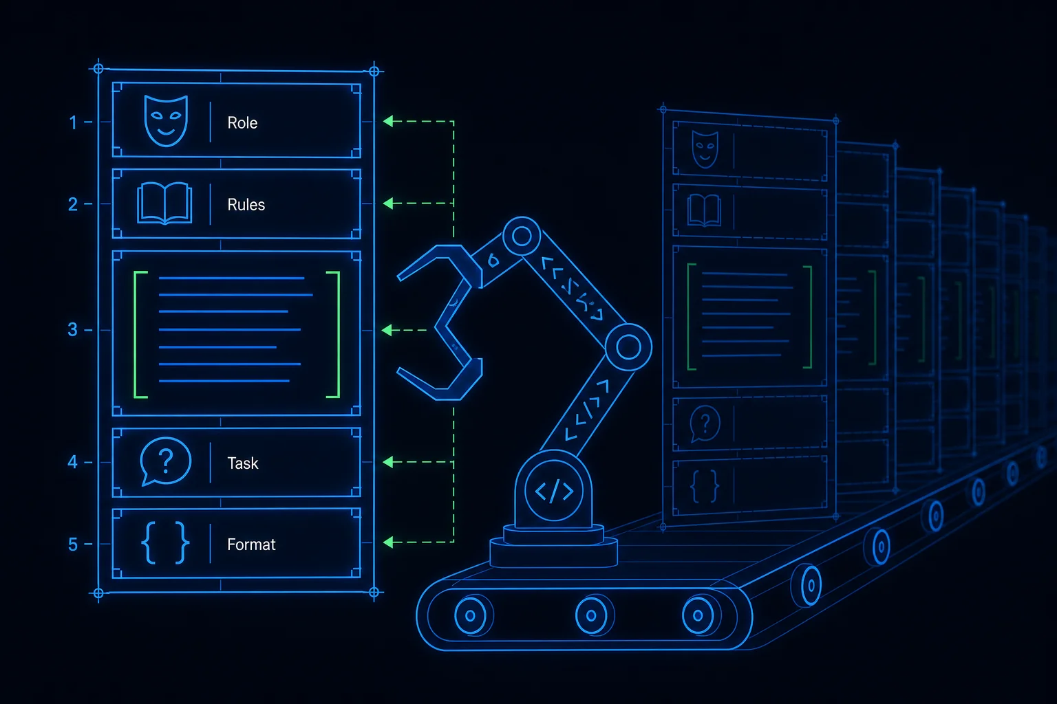A blueprint of a prompt as five ordered stacked sections β role, rules, context, task, and output format β being assembled by code.