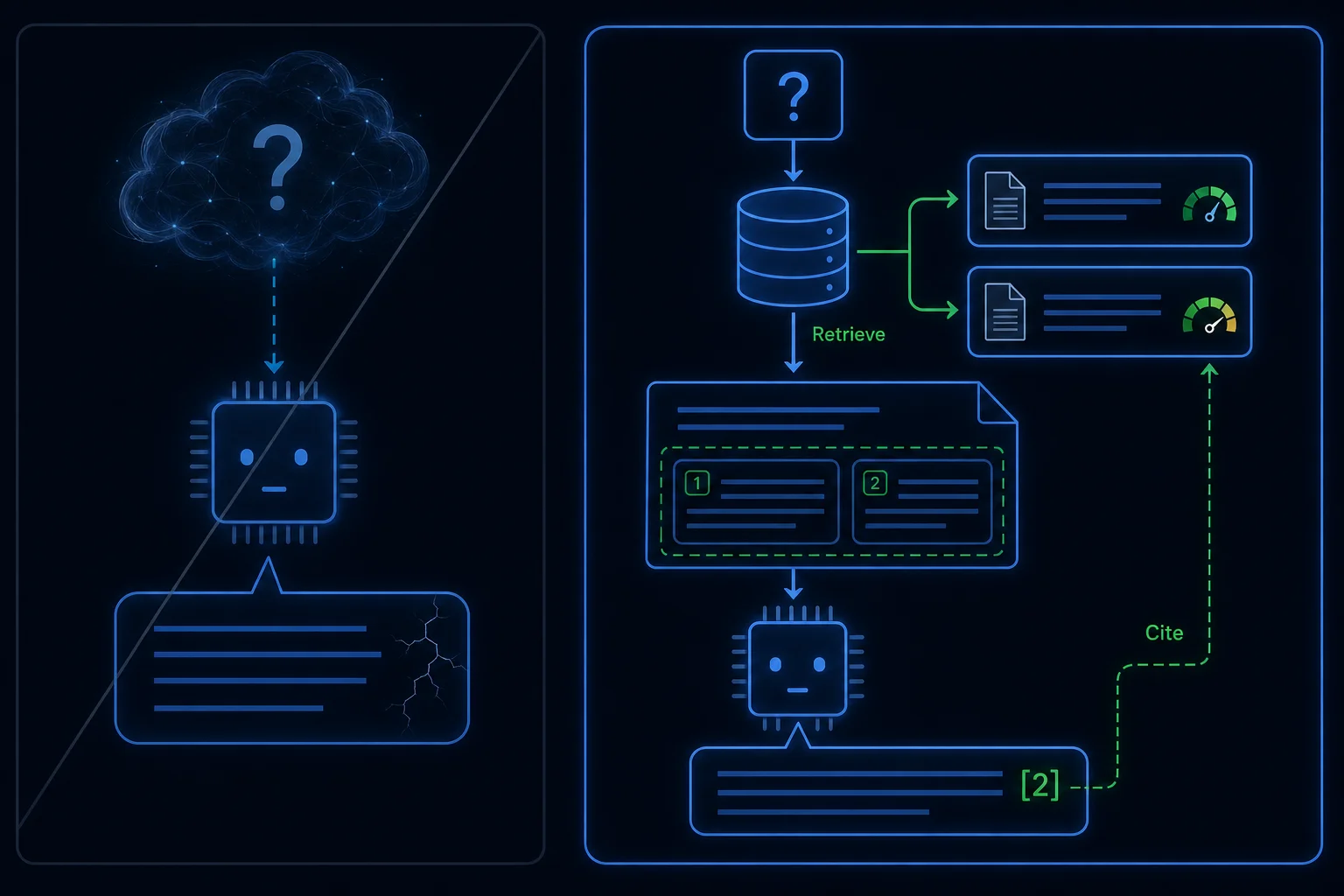 A closed-book model guessing from memory is crossed out while a grounded model reads retrieved passages placed in its prompt and answers with citations.