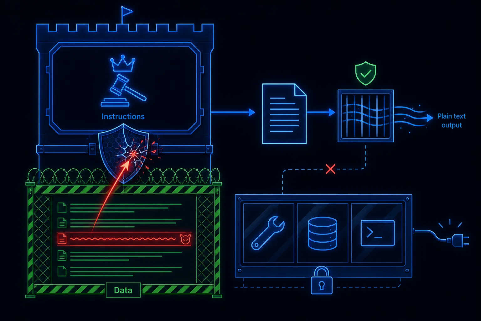 A hostile command hidden inside retrieved content tries to jump from the quarantined data block up to the model's instructions and is blocked by layered defenses.