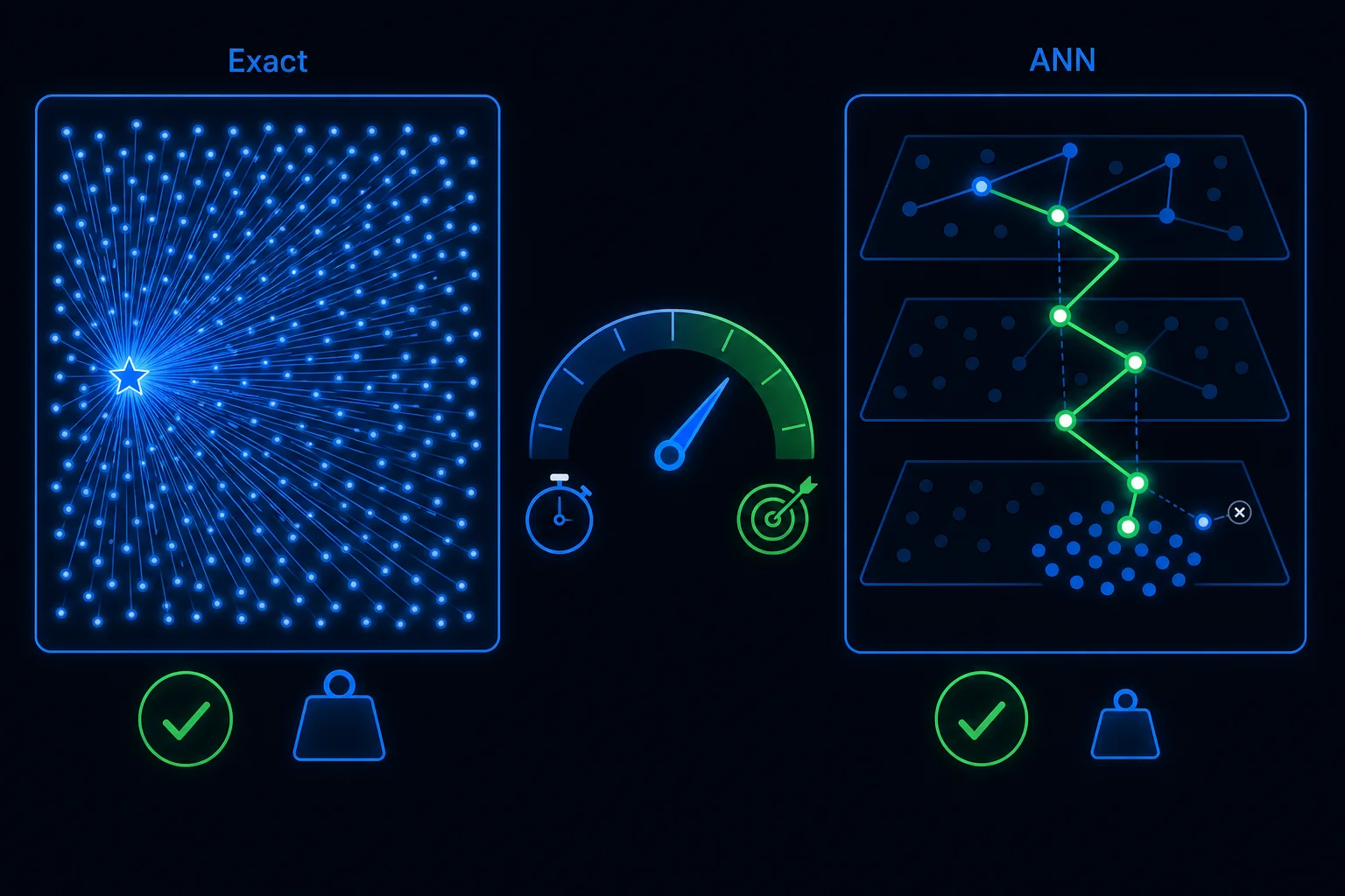 Brute-force search touching every vector is contrasted with an approximate index that hops through a layered graph visiting only a few nodes, with a speed-versus-recall dial.