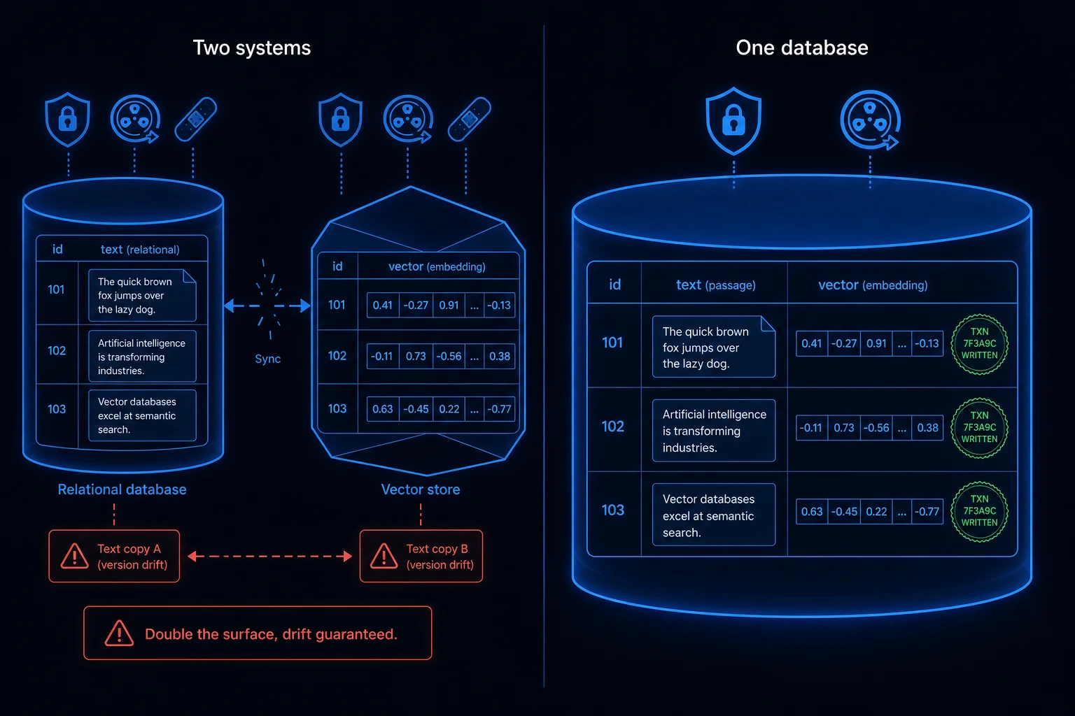 One database holding text and its vector in the same row is contrasted with two separate stores connected by a fragile sync arrow.