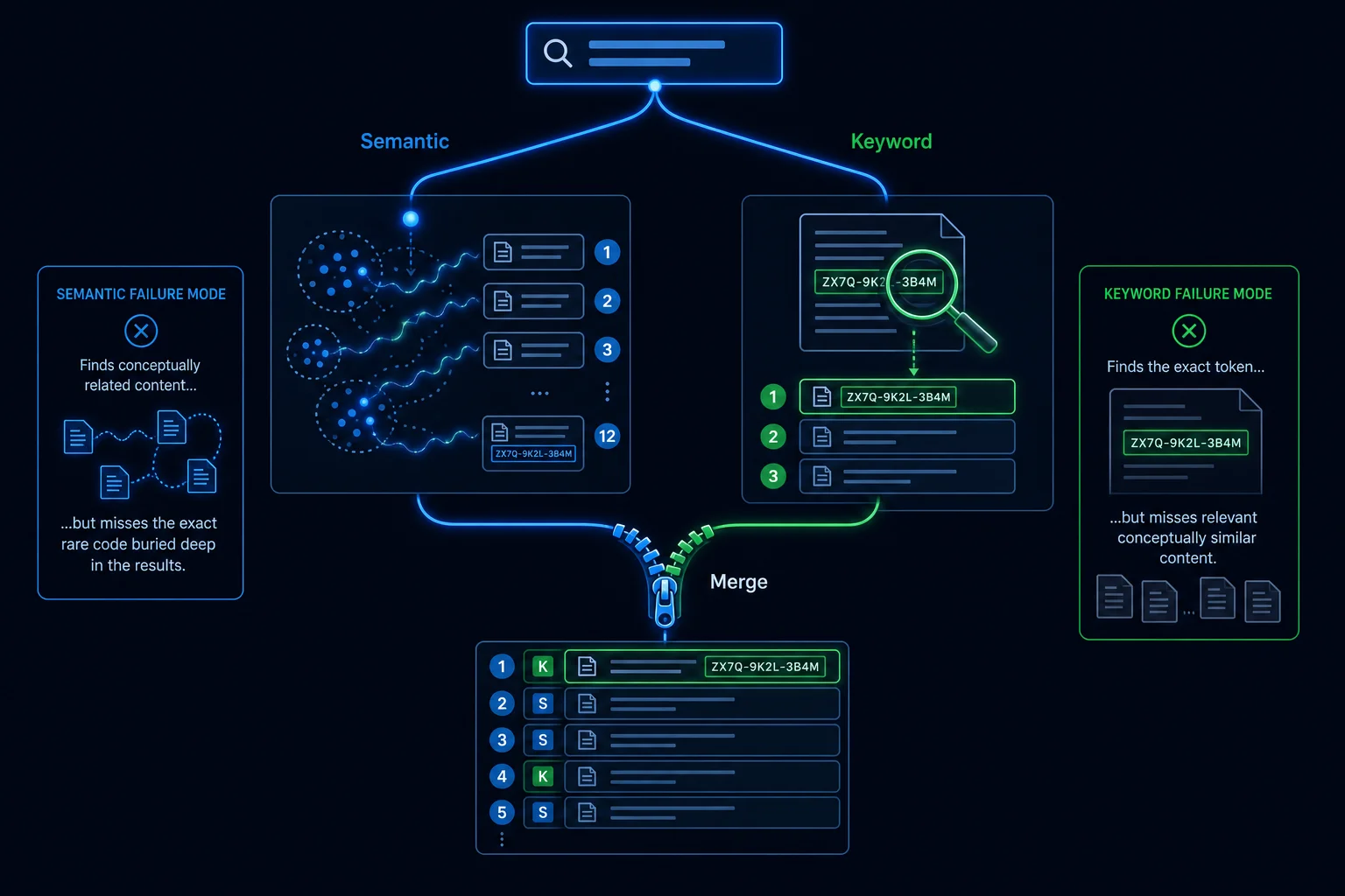 A semantic retrieval stream and a keyword retrieval stream run in parallel and merge into one fused ranked result list.
