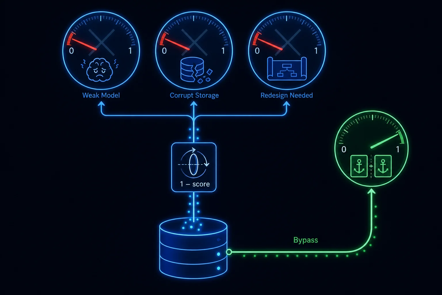 Every test that measures through a hidden score-inverting component reads false values, while one direct probe bypassing it reads the true score from the store.