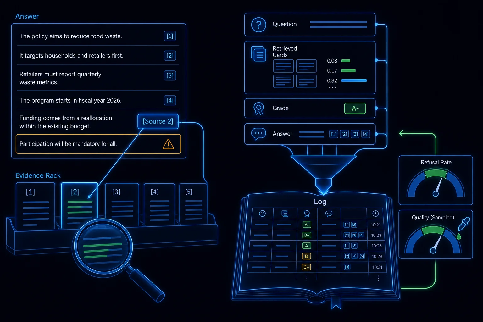 An answer whose claims link back to numbered source passages, while every call writes a record into an evaluation ledger with a refusal-rate gauge.
