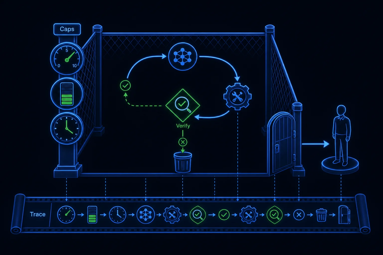 Diagram of an agent loop enclosed by hard limits, with a verification checkpoint after every tool call and a trace log recording each step.