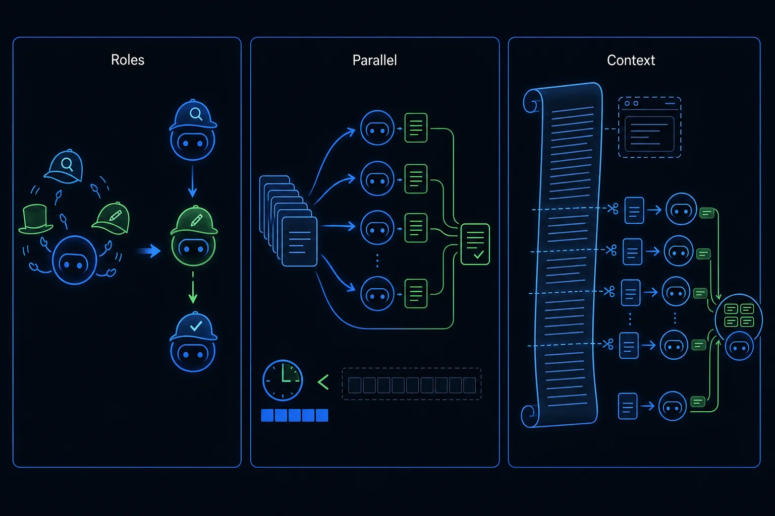 Three-panel diagram of the honest reasons for multiple agents: specialized roles, parallel fan-out, and splitting input too large for one context window.