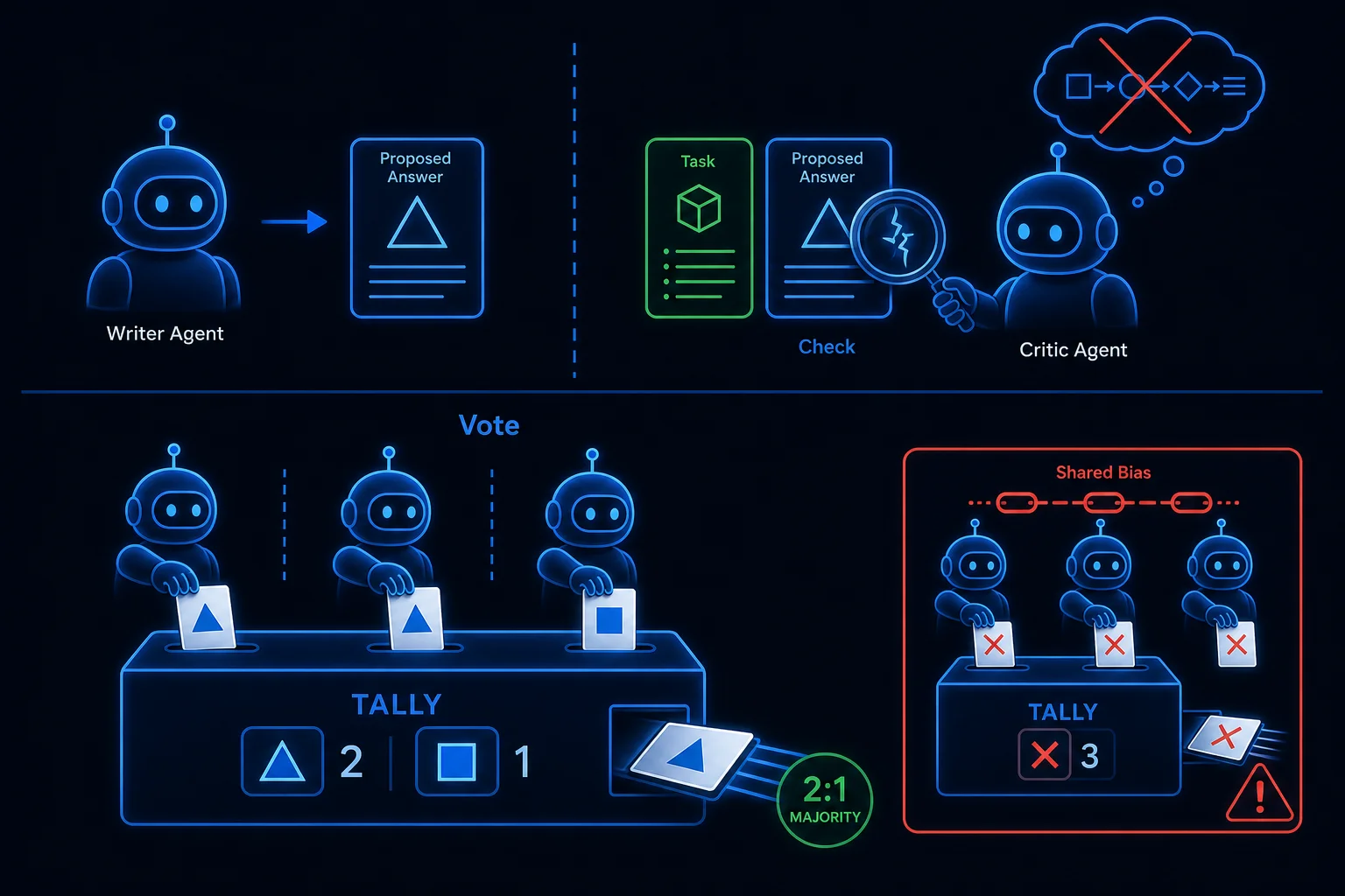 Diagram of one agent adversarially checking another's answer, and three independent agents voting so the majority answer wins.
