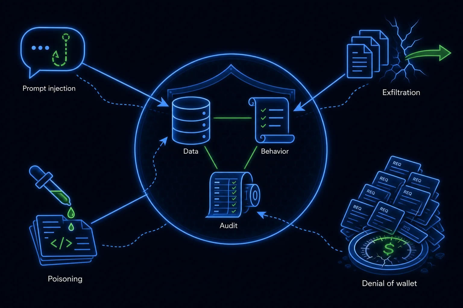 Threat-model diagram with three protected assets at the center and arrows of distinct attack types pressing in from outside.