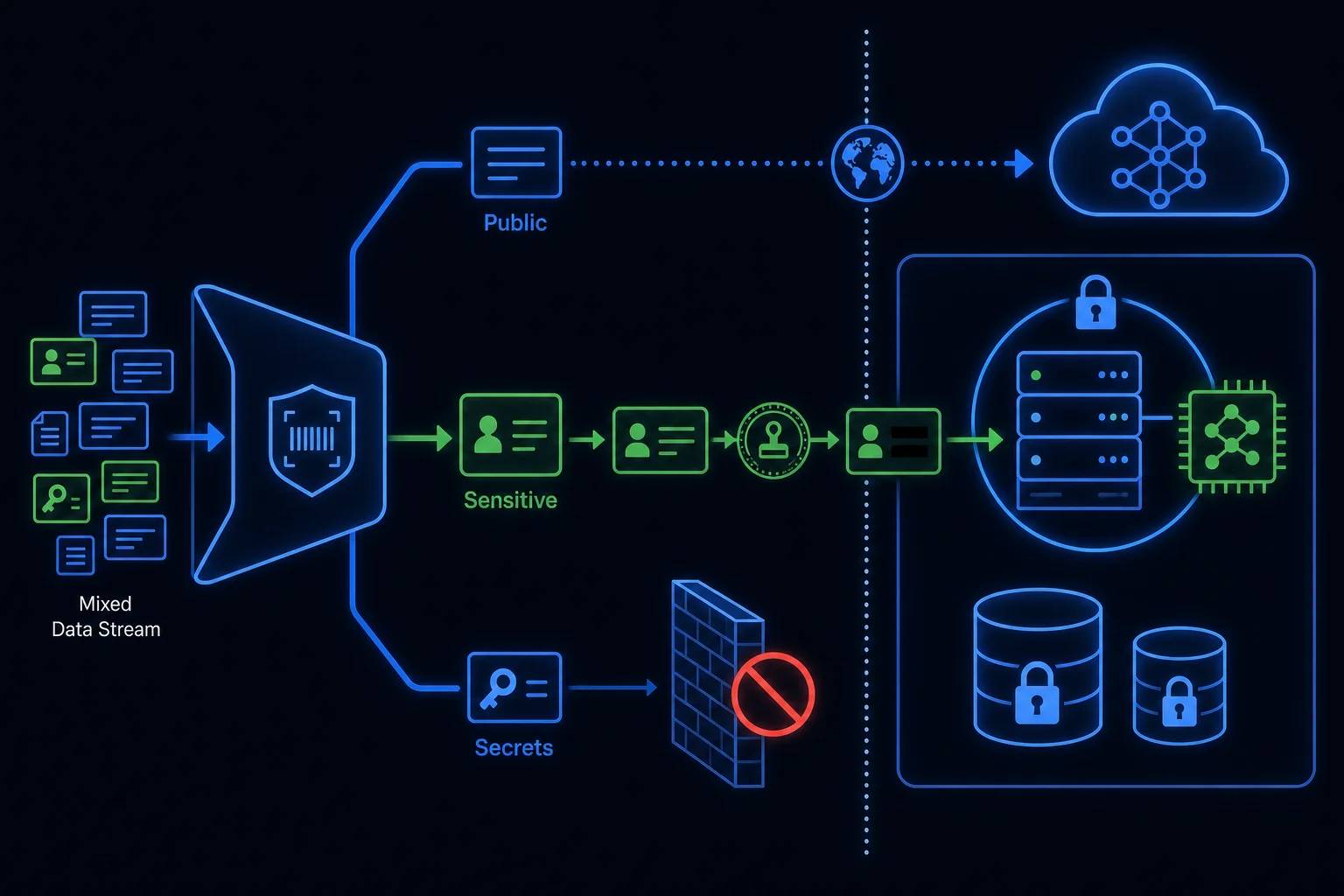Diagram of data being classified by sensitivity and routed to a cloud model, kept on local infrastructure, or blocked entirely for secrets.