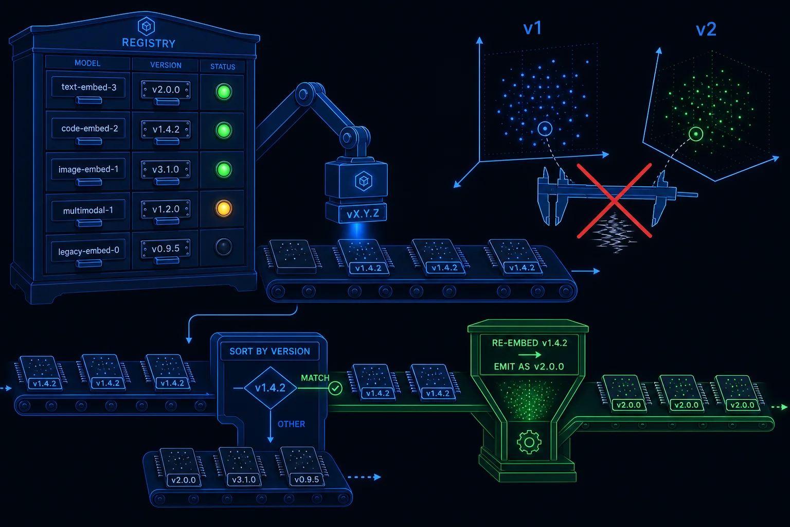 Diagram of a model registry stamping version tags on every stored vector, with v1 and v2 embedding spaces shown as incompatible to compare.