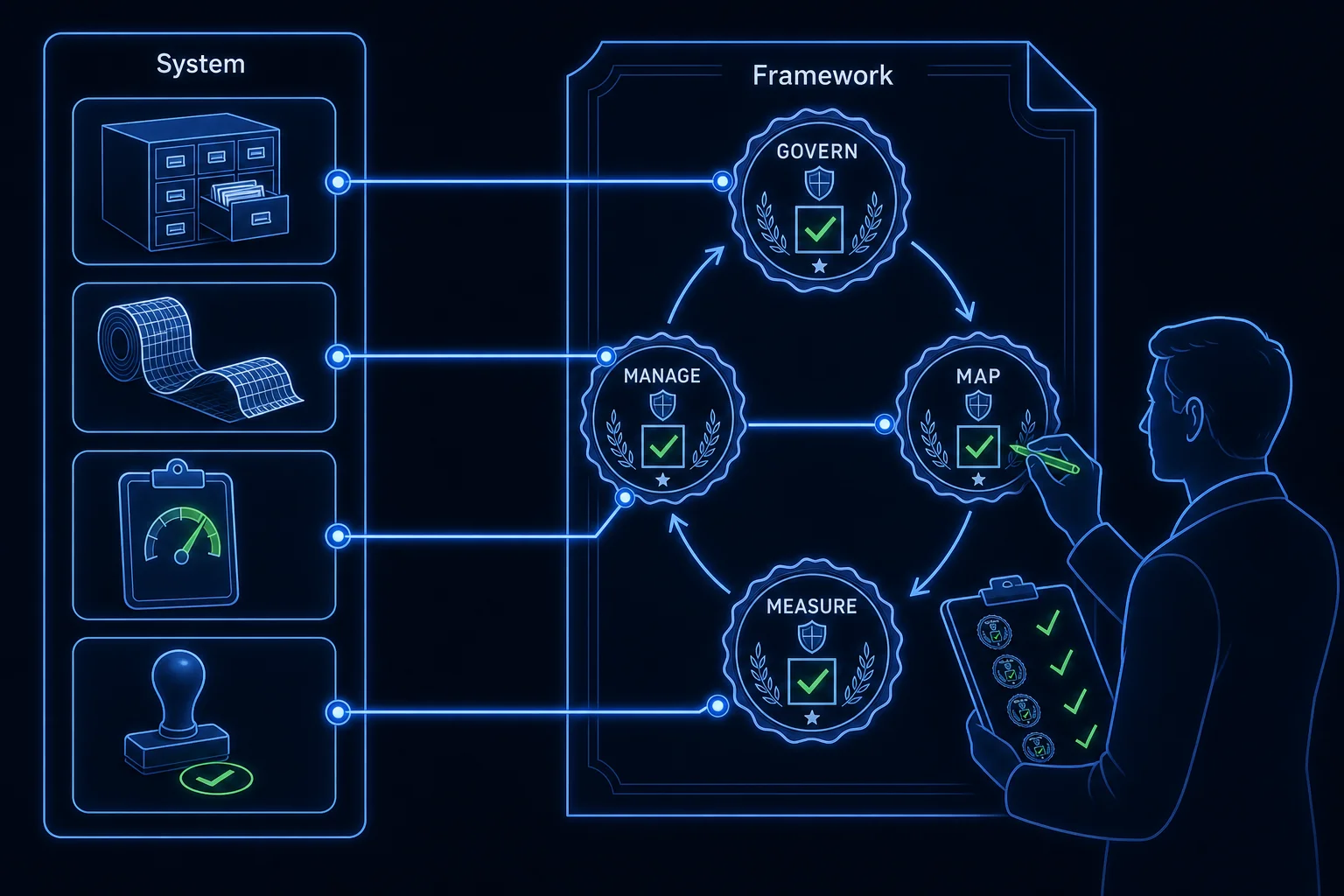Mapping diagram connecting concrete system mechanisms like the registry, audit log, evaluation records, and approval gate to the framework controls a compliance reviewer checks.