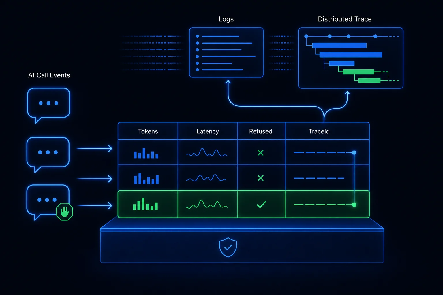 Every AI model call writes exactly one durable row into an evaluation table, with a trace thread linking the row back to logs and traces.
