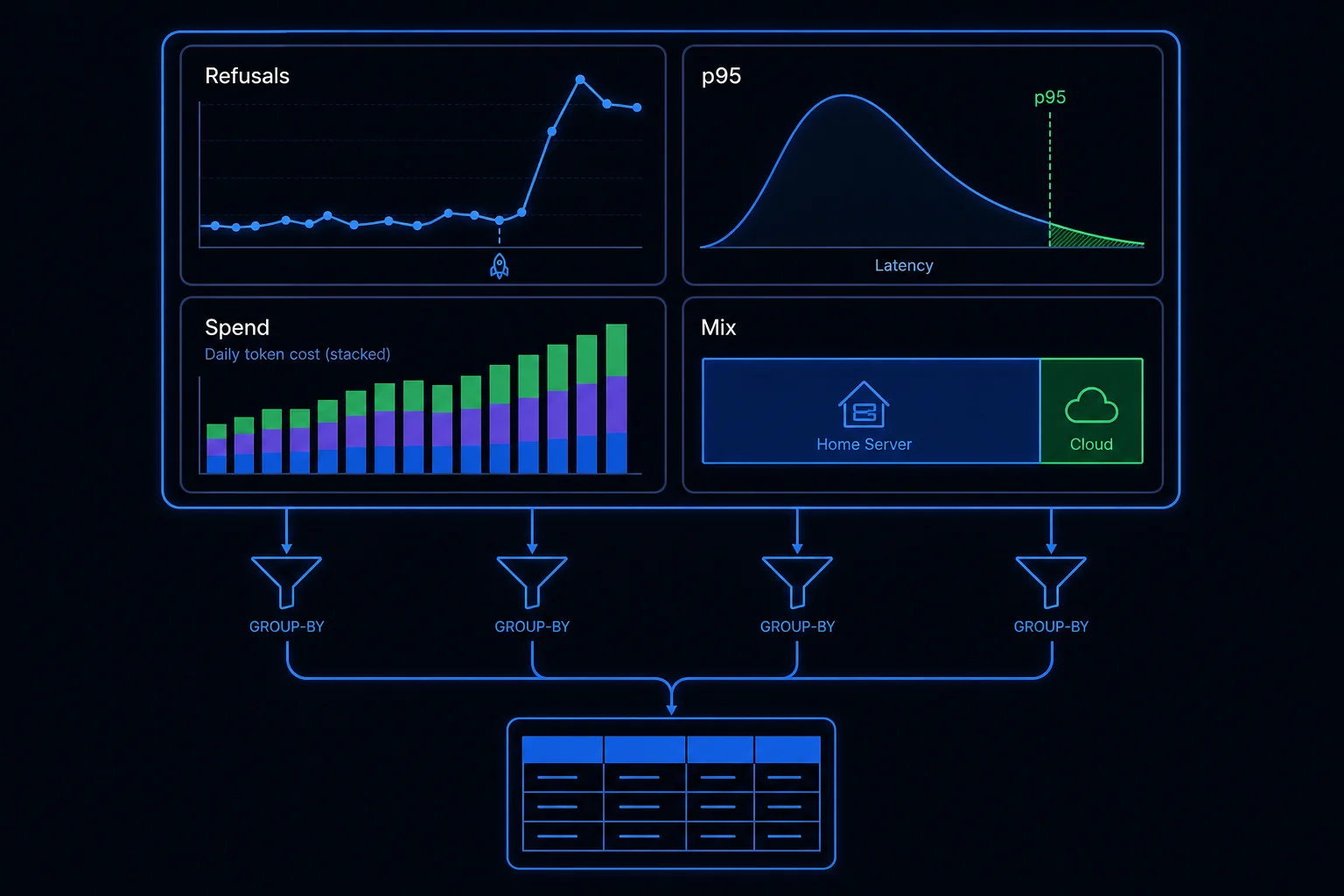 A dashboard of four key AI metrics — refusal rate, p95 latency, token spend, and local-versus-cloud mix — all aggregated from one evaluation table.