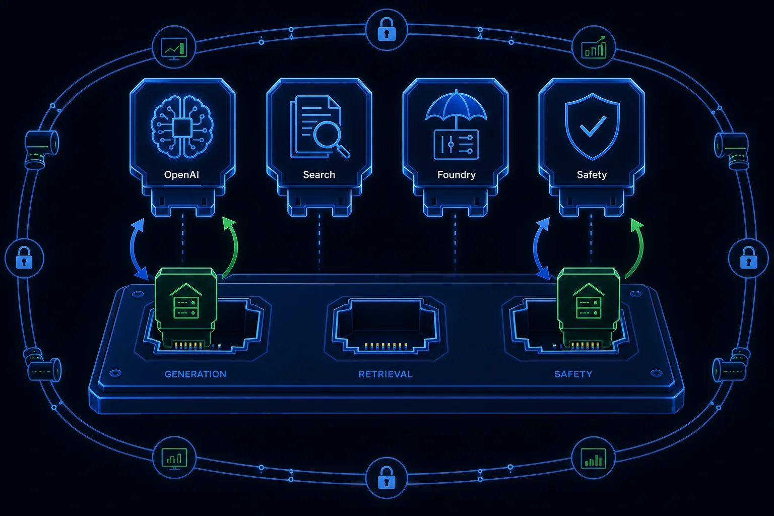 Four managed Azure AI services shown as swappable plug-in modules that can slot into an application's interface sockets alongside local components.