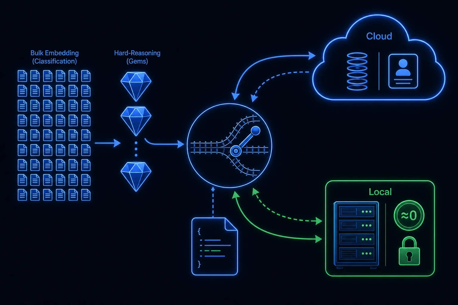 A routing switch sends each workload either to a local server or to the cloud based on its shape, with reversible arrows showing the choice can change per workload.