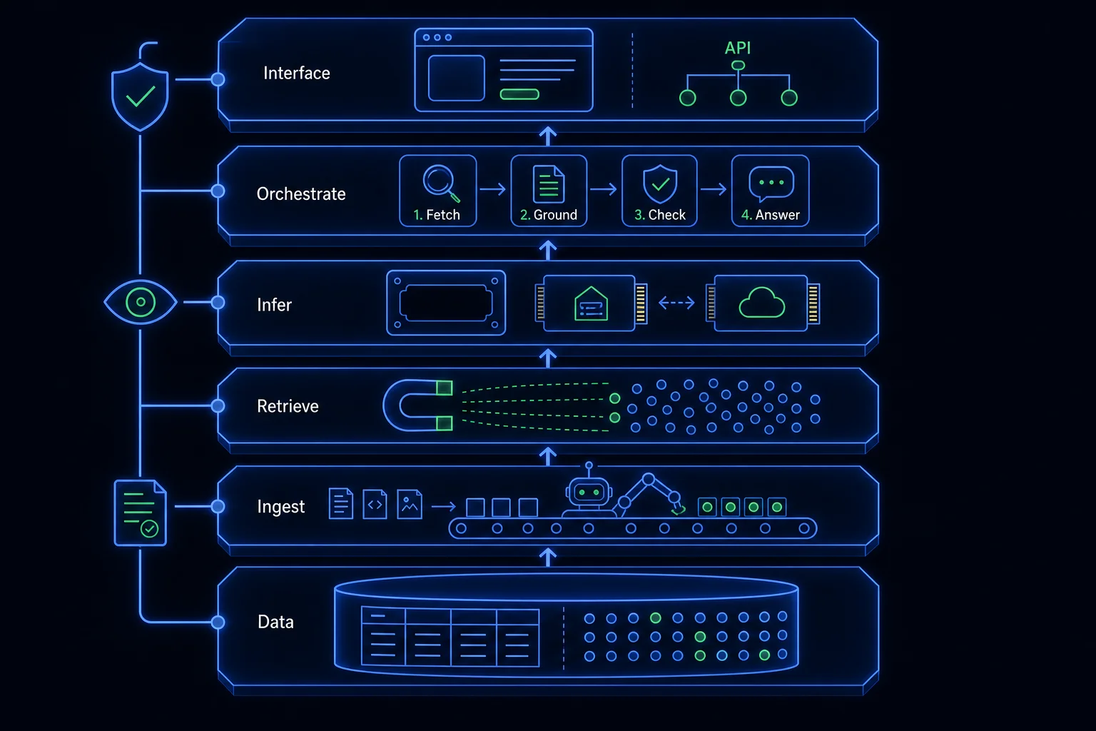 A seven-layer reference stack from database to user interface, with a cross-cutting rail of security and observability spanning every layer.