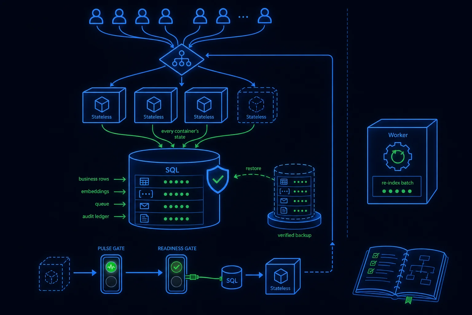 Identical stateless app instances behind a load balancer, all state in one protected SQL database, an isolated ingestion worker, and health-check gates on deployment.