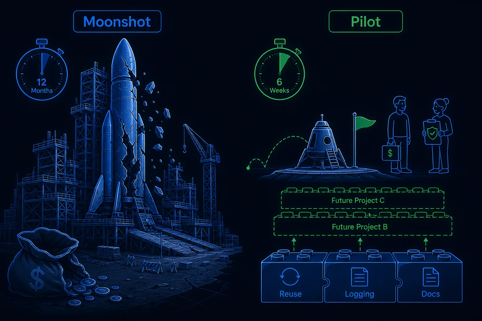 A crumbling giant moonshot rocket contrasted with a small successful pilot that leaves reusable platform blocks feeding the next projects.