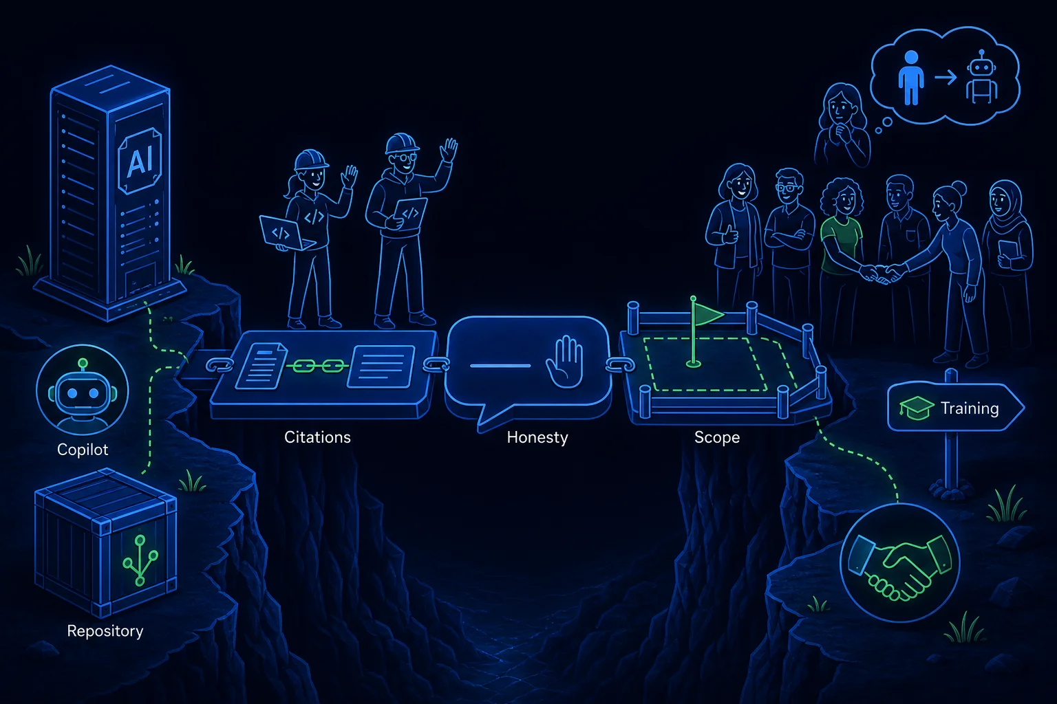 A trust bridge made of citation, honesty, and clear-scope planks connecting an AI system to its users, with developers crossing first as advocates.