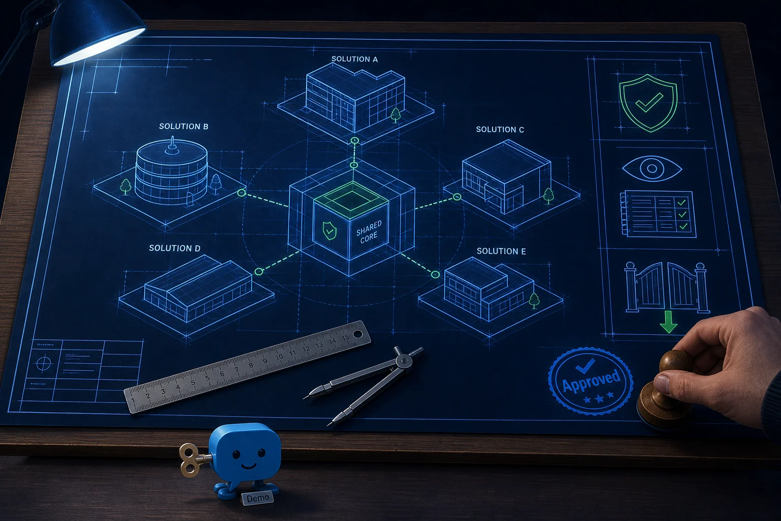 A drafting-table blueprint of five solutions sharing one core, dwarfing a small toy chatbot, with governance and operations annotations a reviewer signs off.