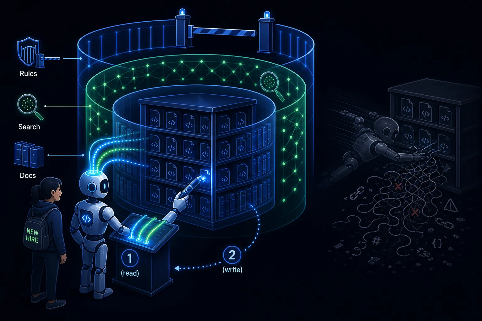 A repository wrapped in three concentric readiness layers — documentation, search, and rules — teaching an AI agent before it writes any code.