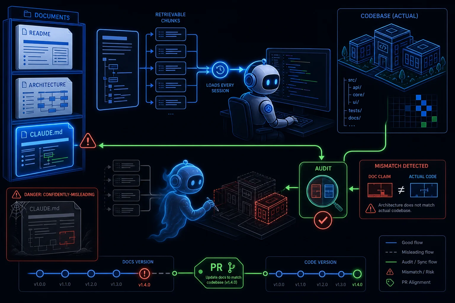 A core set of repository documents streaming into an AI agent's head every session, with a drift-audit loop keeping the docs synced to the actual code.