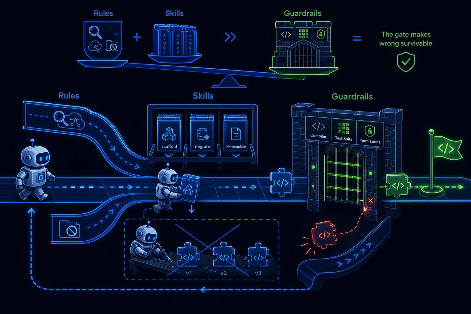An AI agent guided along a track by rules, equipped with packaged skill cartridges, and backstopped by deterministic build-and-test gates that catch any deviation.