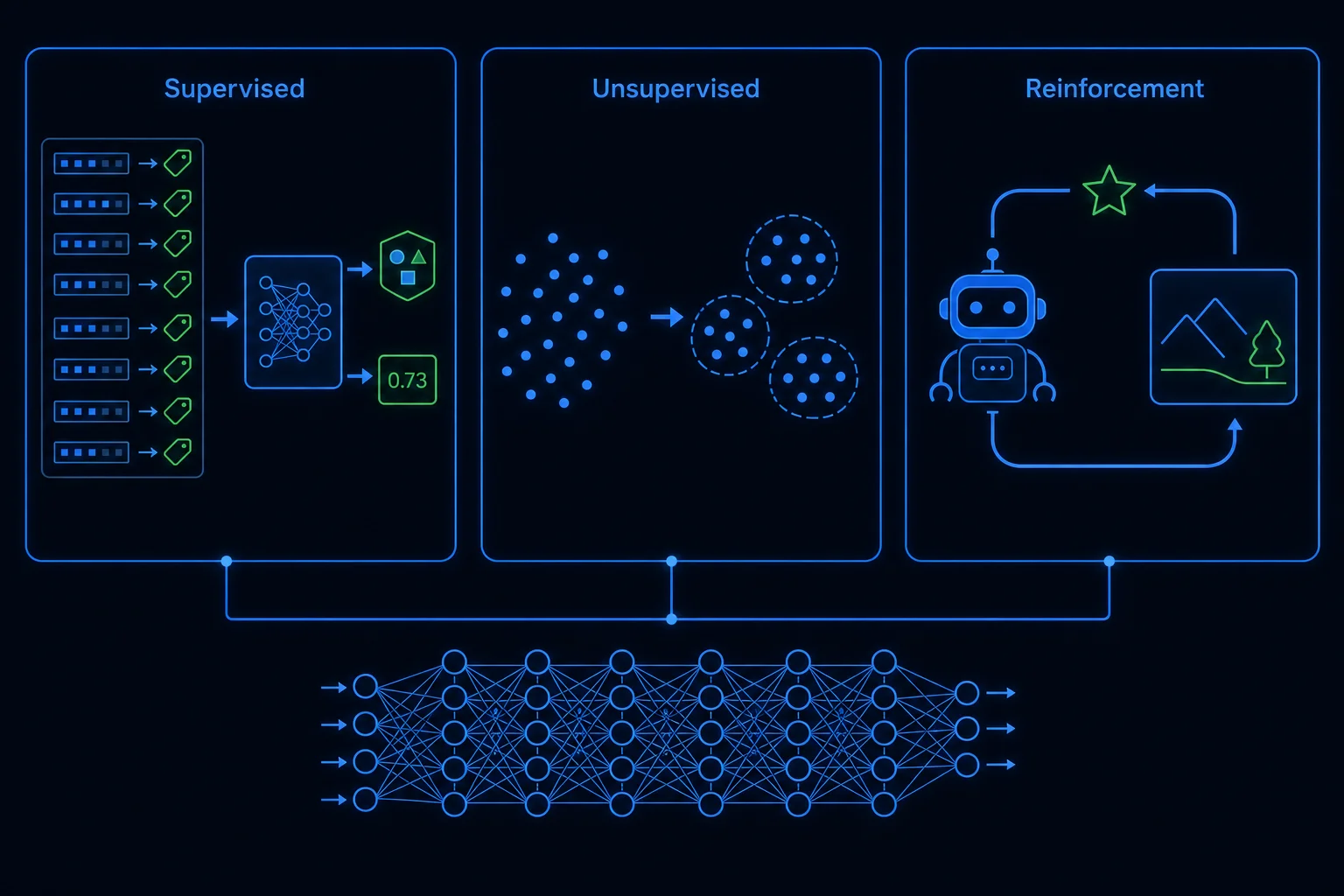 A three-panel map of the machine learning paradigms: supervised learning mapping labeled examples to predictions, unsupervised learning grouping unlabeled points into clusters, and reinforcement learning as an agent-reward loop.