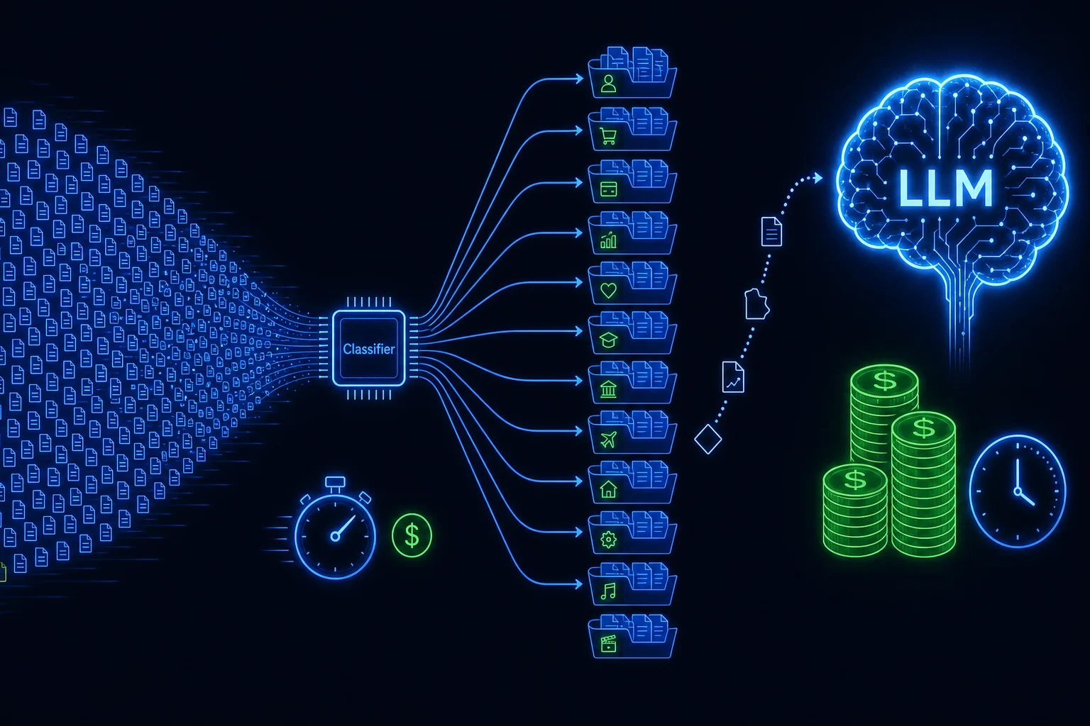 A routing diagram where a heavy stream of documents flows through a small fast classifier chip and only a thin trickle of hard cases escalates to a large LLM brain.