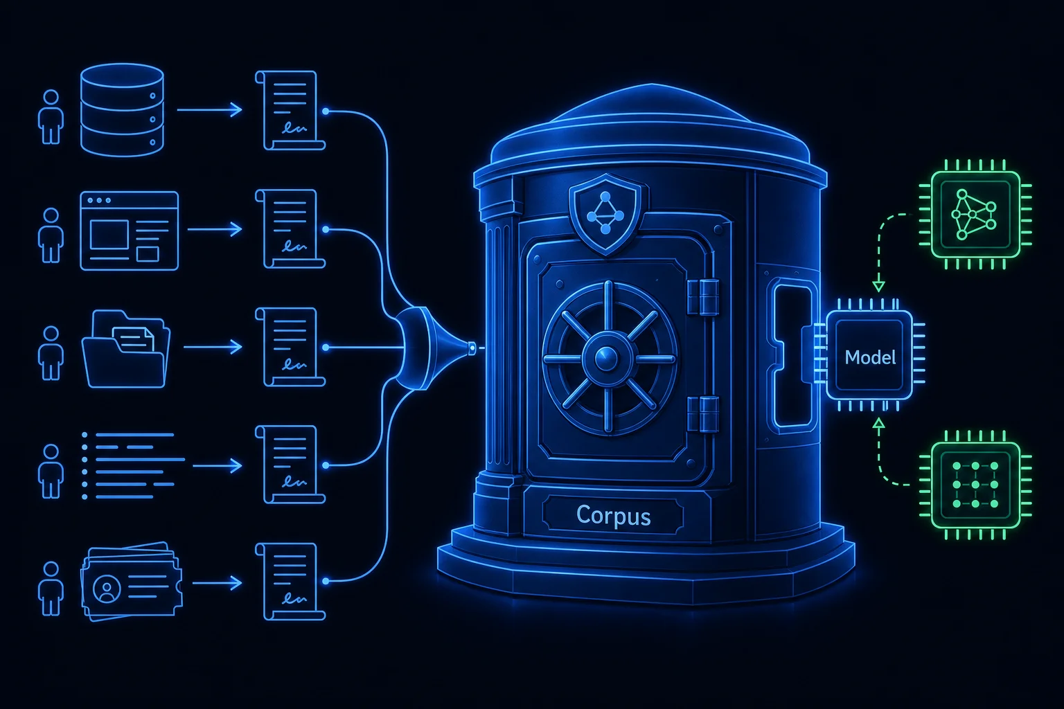 Scattered enterprise data sources funneling through data contracts into one governed corpus, which feeds an interchangeable slot where any model can be swapped in.
