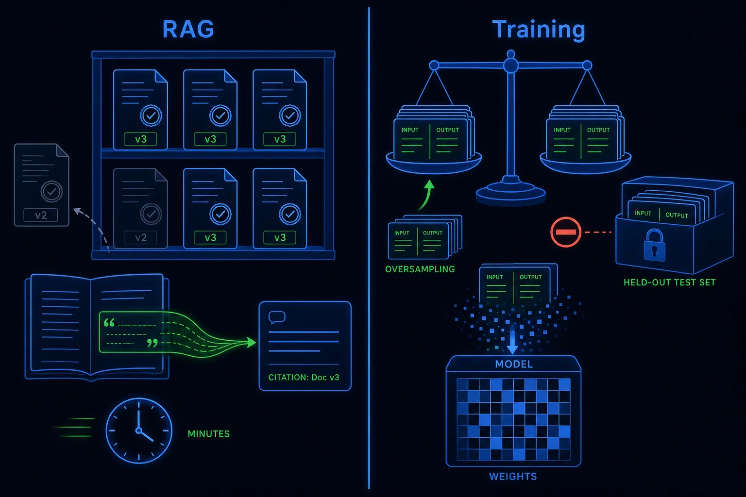 Side-by-side contrast of a RAG corpus as curated quoted evidence versus a training set as balanced labeled pairs with a sealed held-out test portion.