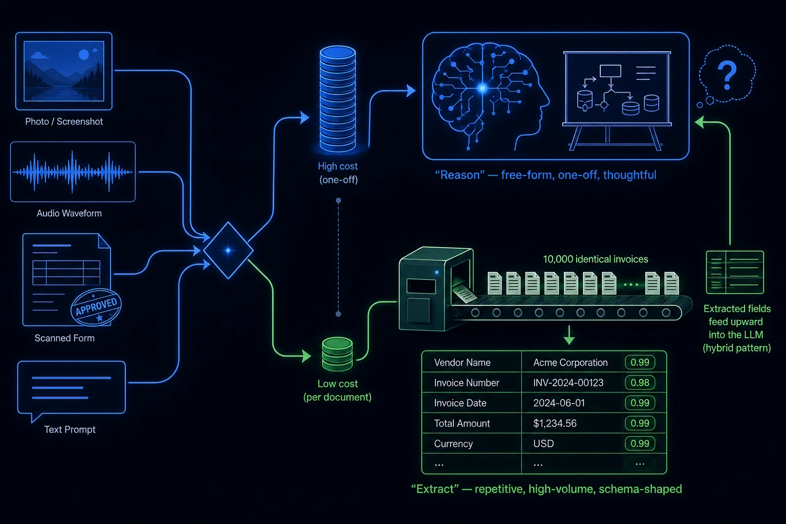 Image, audio, and document inputs converging on a fork where open-ended reasoning goes to a multimodal LLM and structured extraction at scale goes to a specialized service.