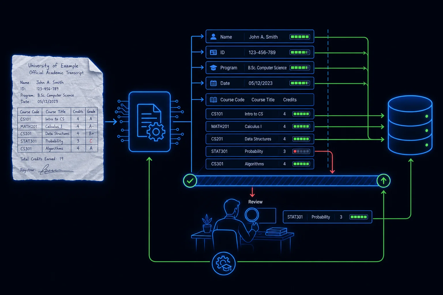 A scanned transcript being converted into structured fields, each with a confidence score, where high-confidence fields flow straight through and low-confidence fields route to a human reviewer whose corrections feed back into model training.