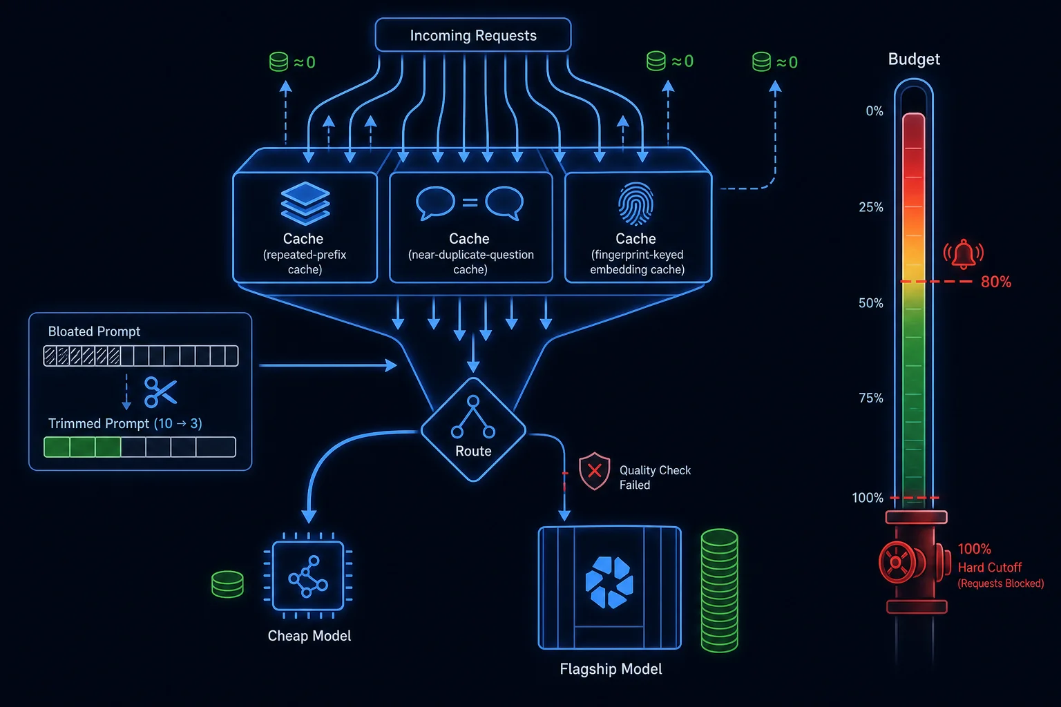 A cost-reduction funnel where caches absorb repeat requests, a router sends most remaining traffic to a cheap model and escalates little to the flagship, all under a budget meter with alert and cutoff marks.