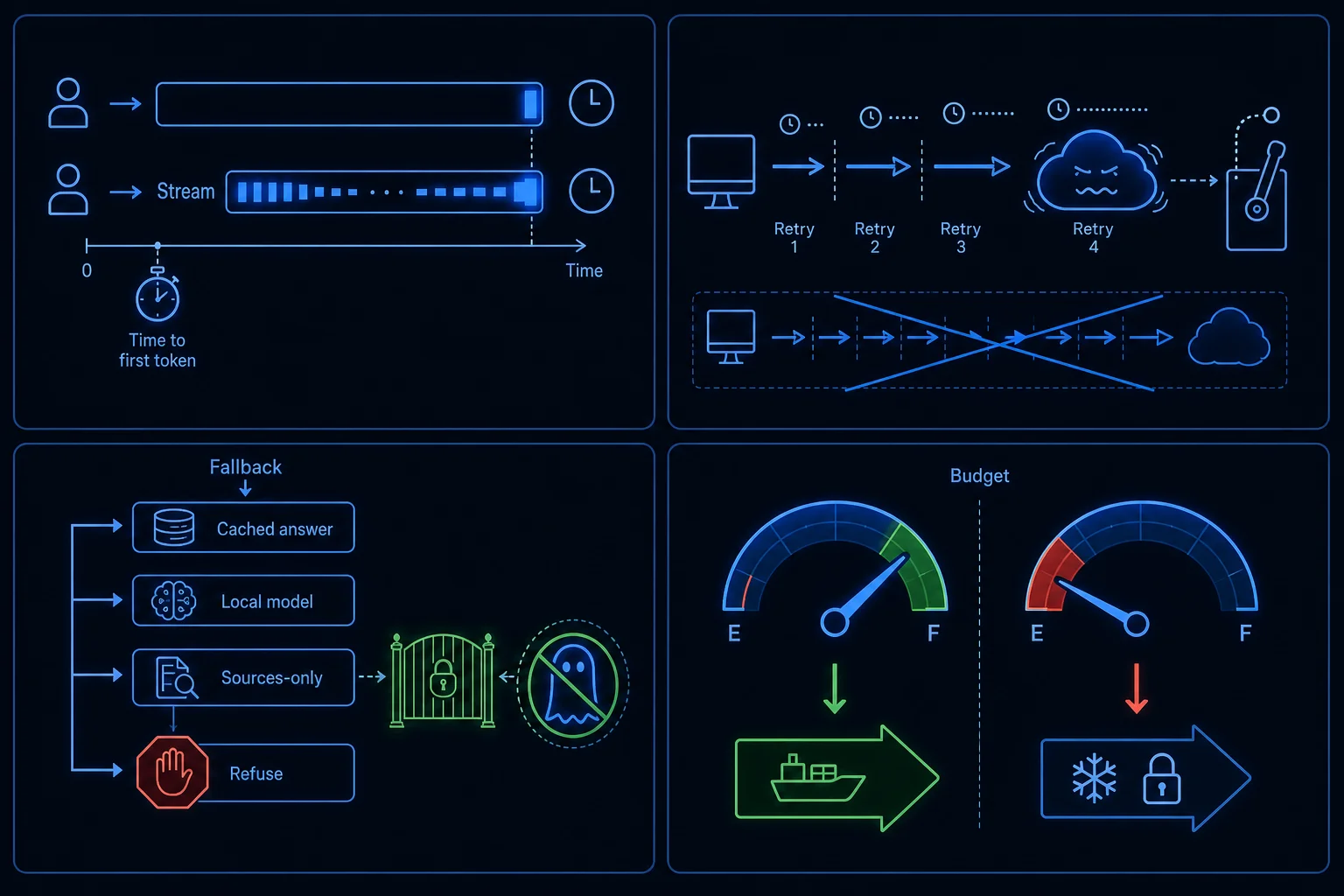 An AI feature's operational contract: a streaming response that starts fast, retry-with-backoff and a circuit breaker against a flaky provider, a degradation ladder that never sacrifices truth, and an error-budget gauge governing release freezes.