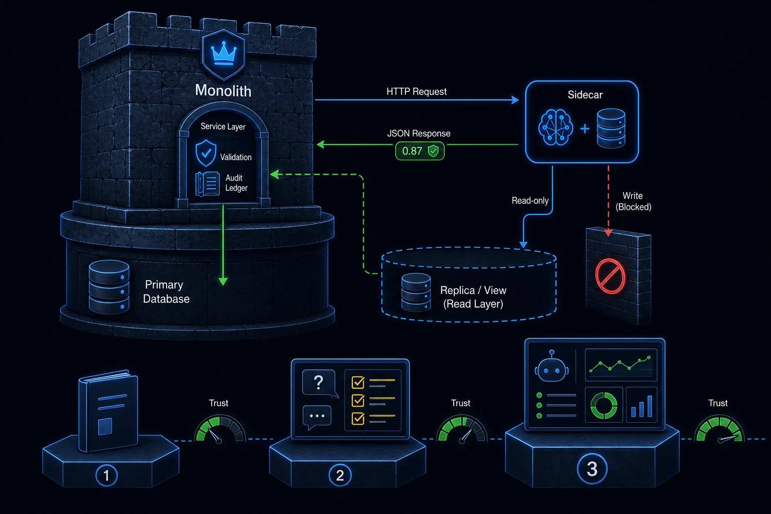 A legacy monolith staying authoritative while an AI sidecar service reads data through a read-only channel, with all writes blocked and forced through the monolith's own service layer.